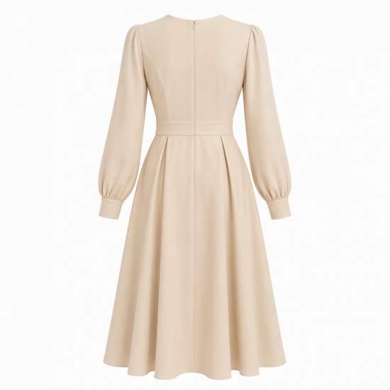 Beige Long Sleeve Midi Dress