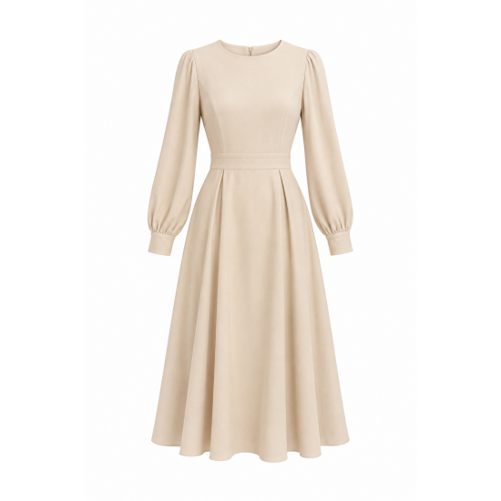 Beige Long Sleeve Midi Dress
