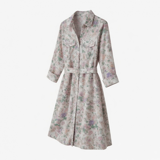 Collared Pockets Button Floral Shirt Dress