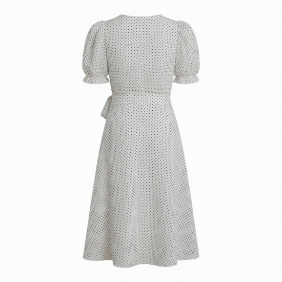 V-Neck Puff Sleeve Wrap Polka Dot Midi Dress