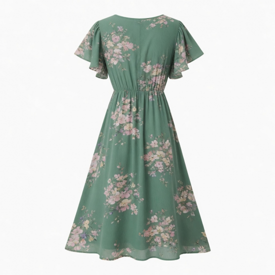 Green Round Neck Flutter Sleeve Floral Women's Midi Dress