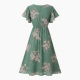 Green Round Neck Flutter Sleeve Floral Women's Midi Dress