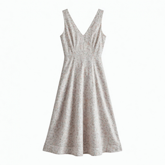V-Neck Sleeveless Floral Cotton Midi Dress