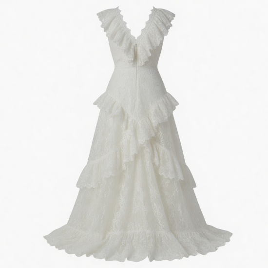 V-Neck Sleeveless Ruffled Lace Maxi Dress