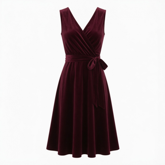 V-Neck Sleeveless Wrap Velvet Midi Dress