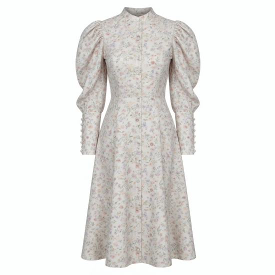 High Neck Puff Sleeve Button Floral Women's Shirt Dress