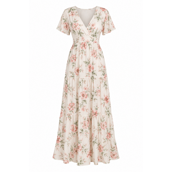 V-Neck Short Sleeve Floral Viscose Women's Maxi Dress
