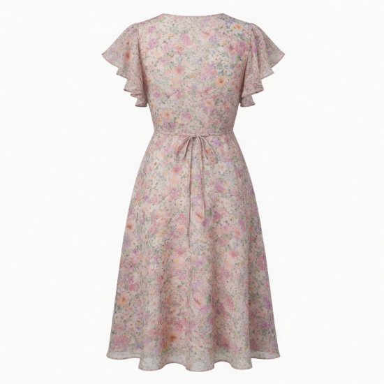 V-Neck Flutter Sleeve Wrap Floral Midi Dress