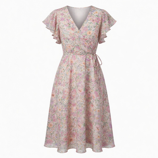 V-Neck Flutter Sleeve Wrap Floral Midi Dress