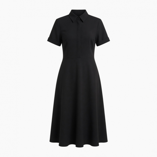 Midi Regular Black Collared Dress