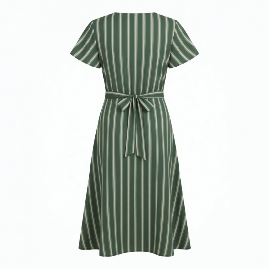 Green Wrap Striped Midi Dress