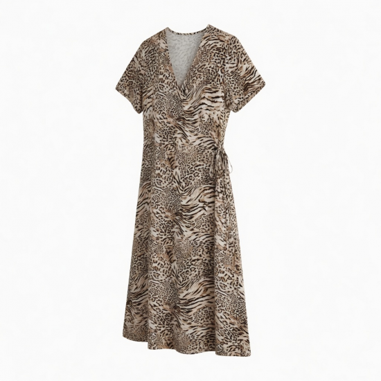 V-Neck Short Sleeve Wrap Animal Print Midi Dress