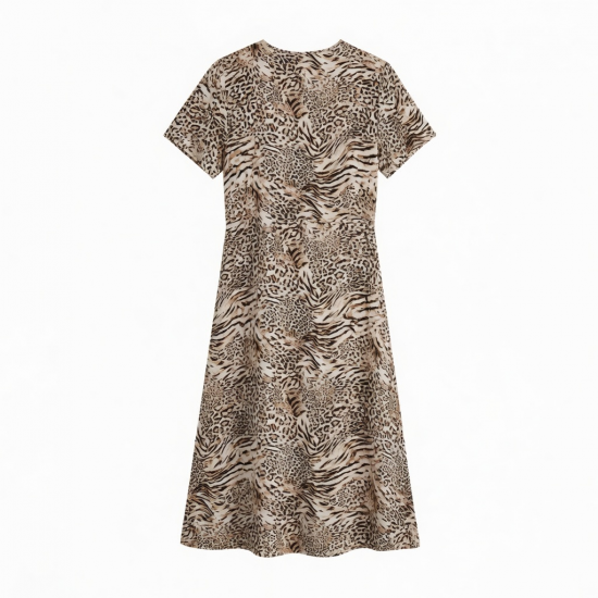 V-Neck Short Sleeve Wrap Animal Print Midi Dress