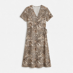 V-Neck Short Sleeve Wrap Animal Print Midi Dress