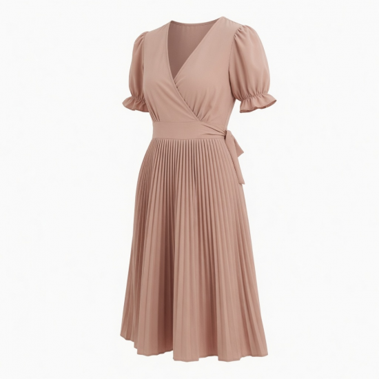V-Neck Puff Sleeve Wrap Pleated Midi Dress