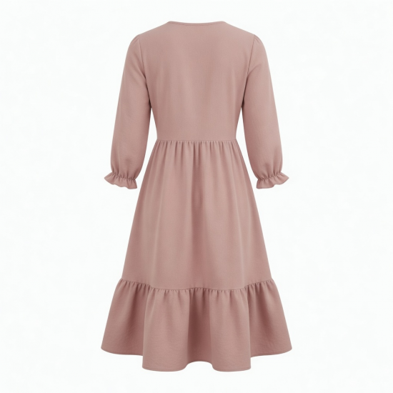 V-Neck Three-Quarter Sleeve A-Line Ruffled Women's Midi Dress