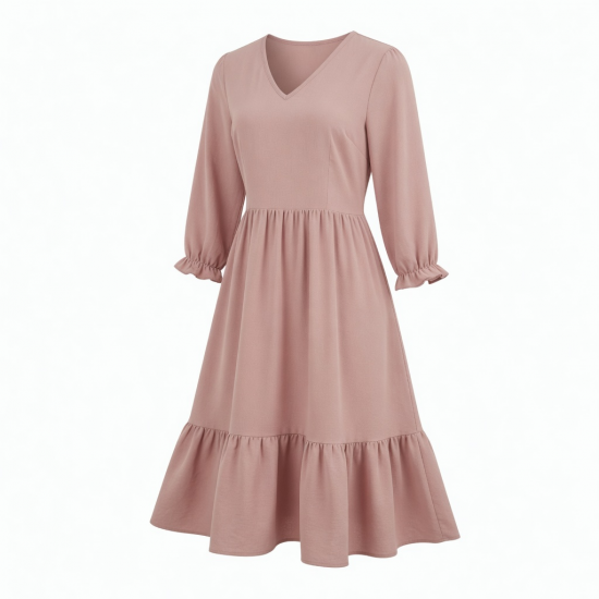 V-Neck Three-Quarter Sleeve A-Line Ruffled Women's Midi Dress