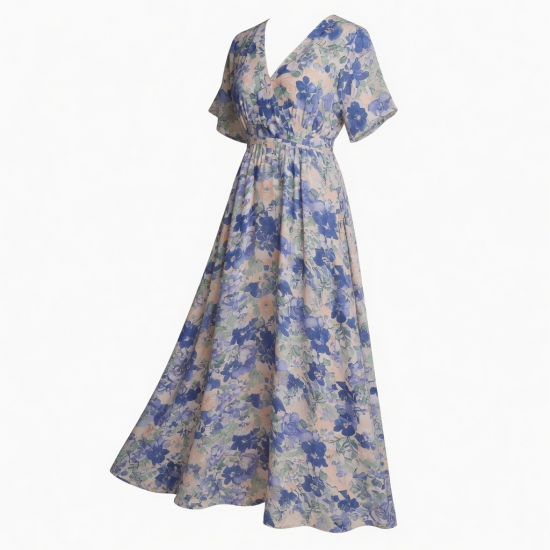 Blue V-Neck Short Sleeve Floral Women's Maxi Dress
