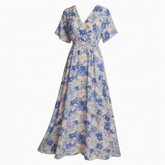 Blue V-Neck Short Sleeve Floral Women's Maxi Dress