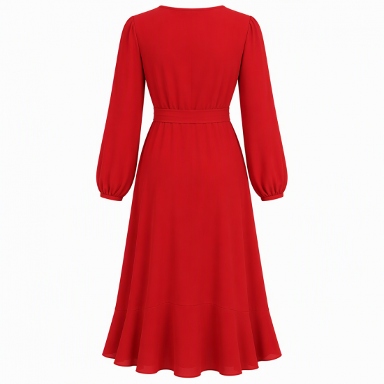 Red V-Neck Long Sleeve Wrap Women's Dress