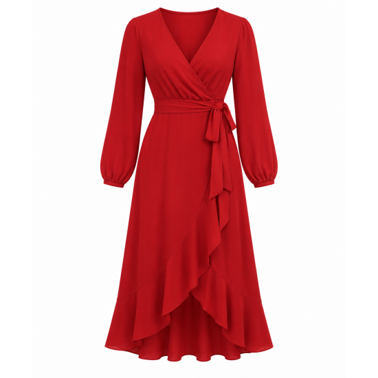 Red V-Neck Long Sleeve Wrap Women's Dress