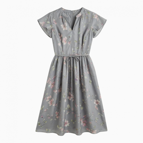 Grey Floral Silk Dress