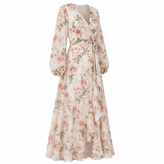 Long Sleeve Wrap Floral Boho Maxi Dress