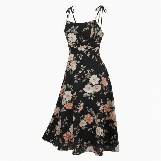 Black Strappy Sleeveless Floral Women's Dress