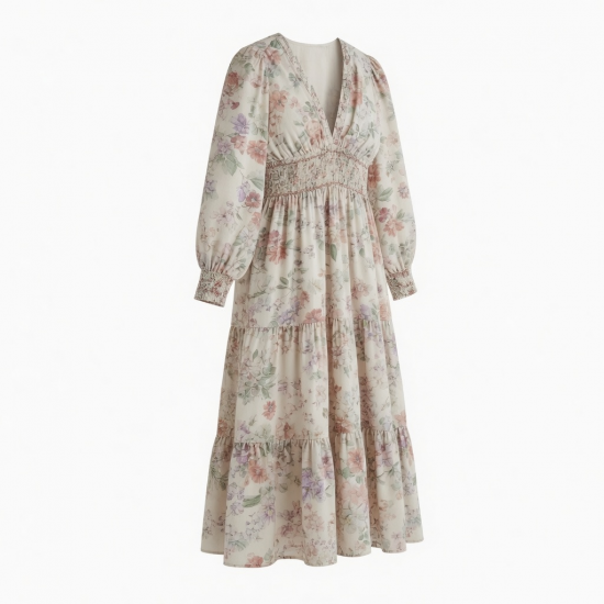 V-Neck Long Sleeve Smocked Floral Women's Maxi Dress