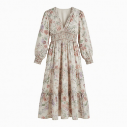 V-Neck Long Sleeve Smocked Floral Women's Maxi Dress