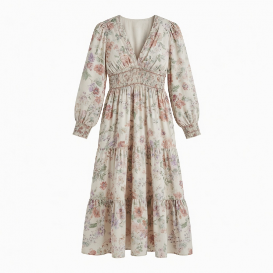 V-Neck Long Sleeve Smocked Floral Women's Maxi Dress
