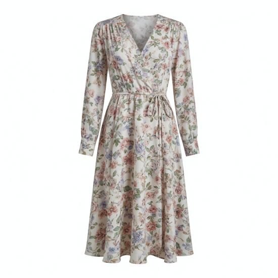 V-Neck Long Sleeve Wrap Floral Midi Dress