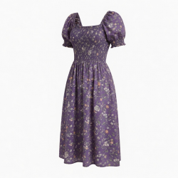 Purple Square Neck Smocked Floral Women's Midi Dress