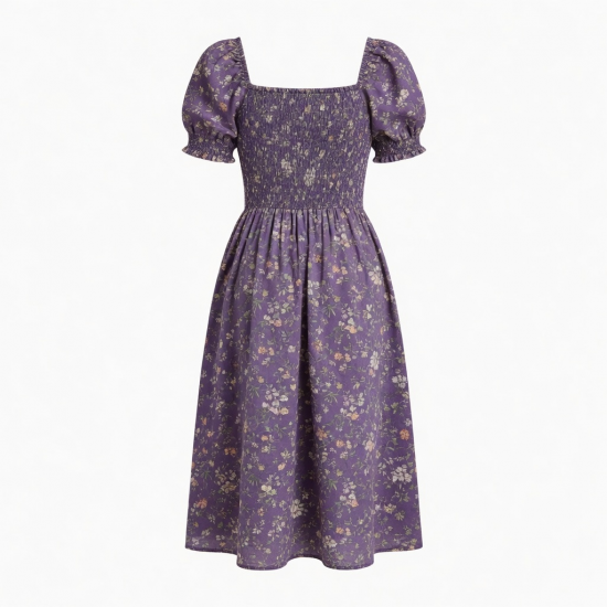 Purple Square Neck Smocked Floral Women's Midi Dress