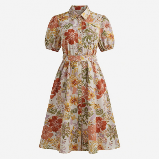 Button Tropical Boho Beach Women's Midi Dress