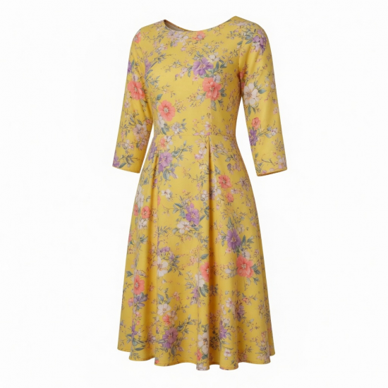 Yellow Three-Quarter Sleeve Floral Midi Dress