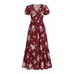 Burgundy Button Floral Maxi Dress