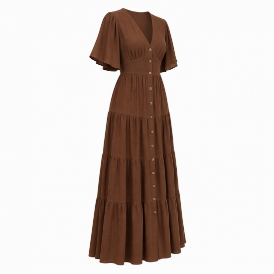 Brown V-Neck Split Button Women's Maxi Dress