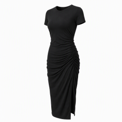 Black Crewneck Gathered Jersey Midi Dress