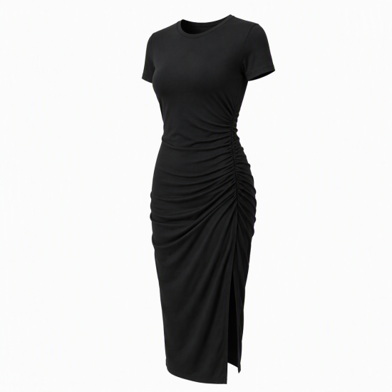 Black Crewneck Gathered Jersey Midi Dress